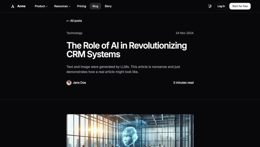 Achromatic blog post detail page with article content, code blocks, and typography in dark theme