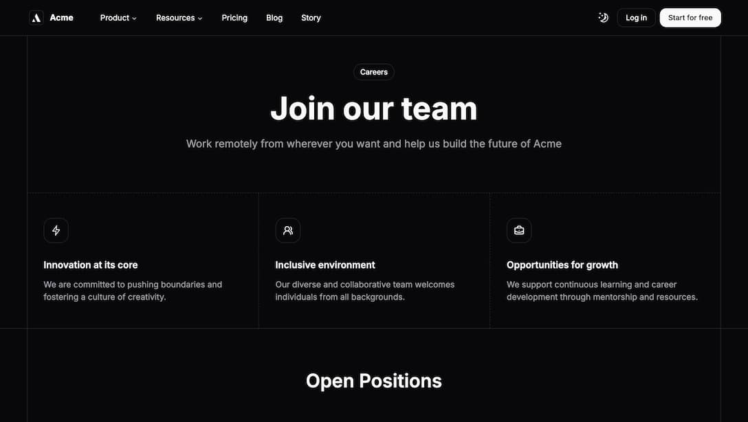 Achromatic careers page displaying company values and open job positions in dark theme