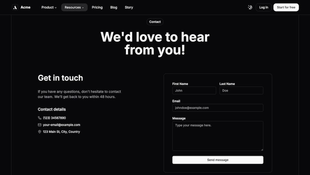 Achromatic contact page with form fields for name, email, and message in dark theme