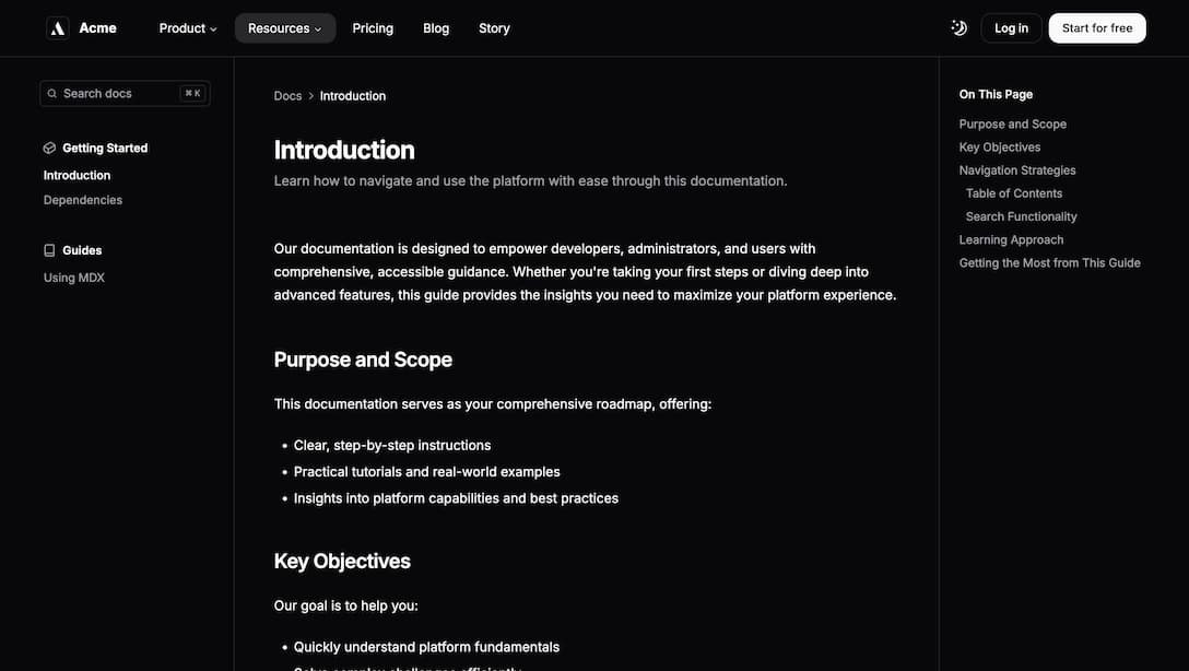 Achromatic documentation page with sidebar navigation, table of contents, and MDX content in dark theme