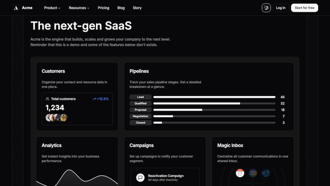 Achromatic landing page bento grid layout showcasing feature cards with icons and descriptions in dark theme