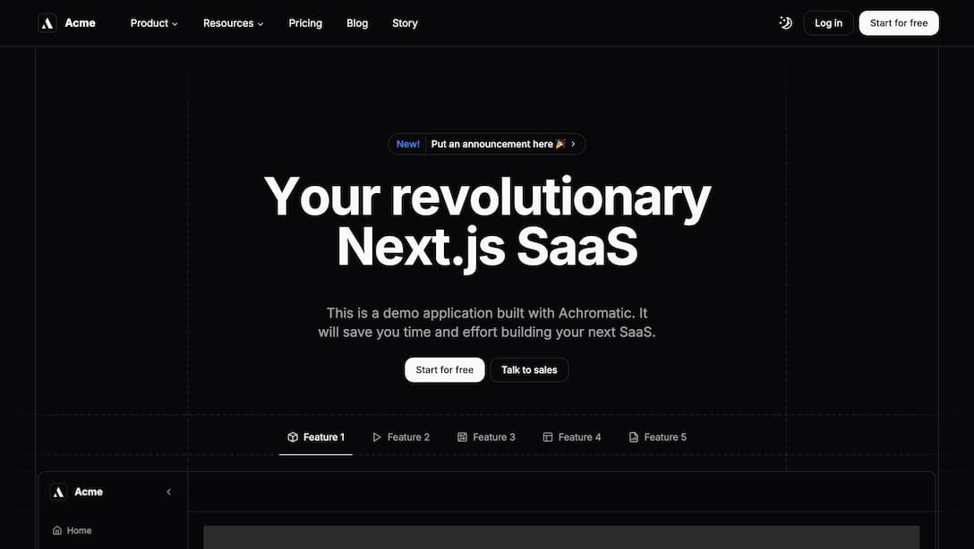 Achromatic SaaS landing page hero section with headline, value proposition, and call-to-action buttons in dark theme