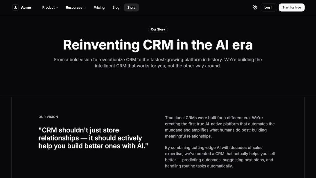 Achromatic company story page with team narrative and brand values section in dark theme