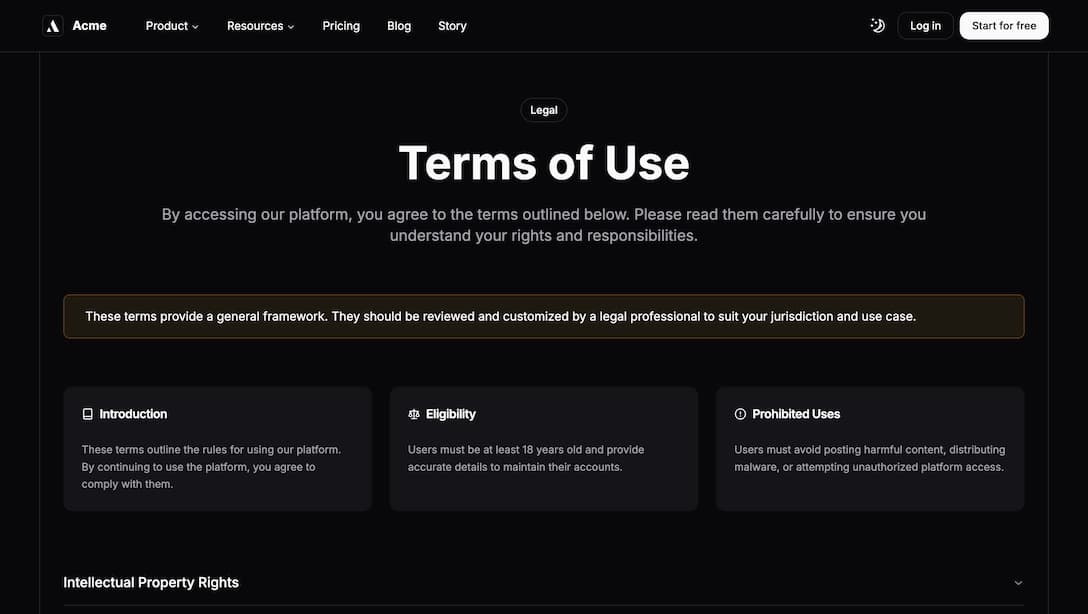 Achromatic terms of service legal page with structured content and typography in dark theme