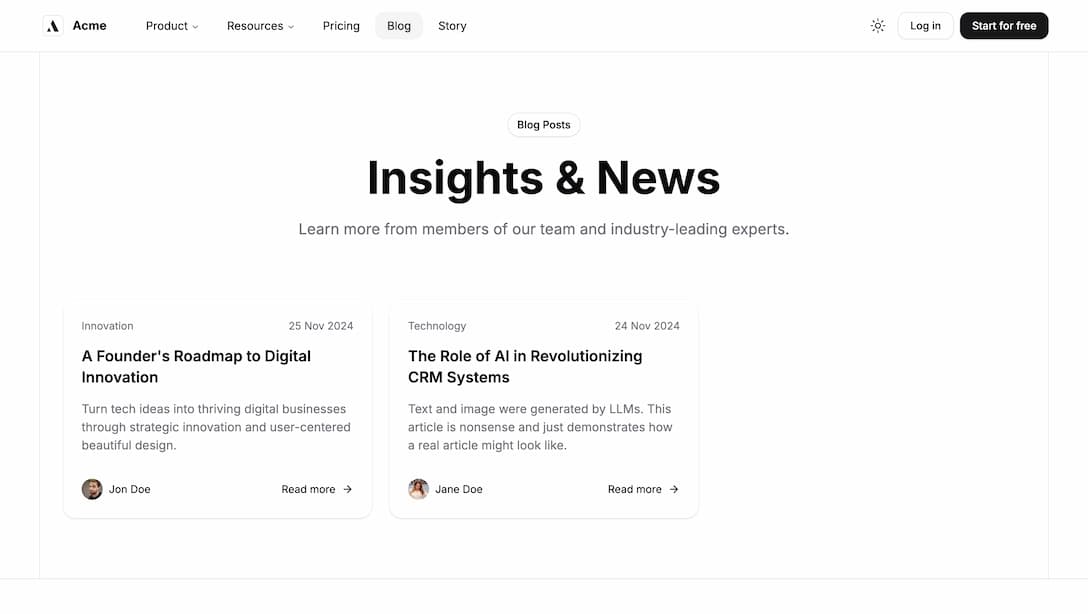 Achromatic blog index page displaying article cards with titles, dates, and featured images in light theme