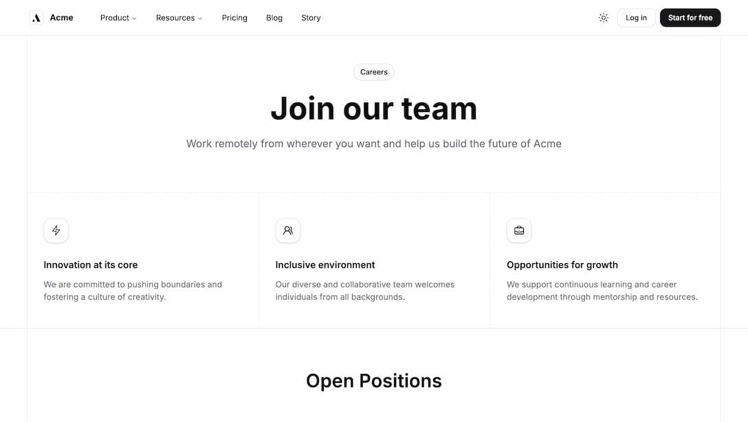 Achromatic careers page displaying company values and open job positions in light theme