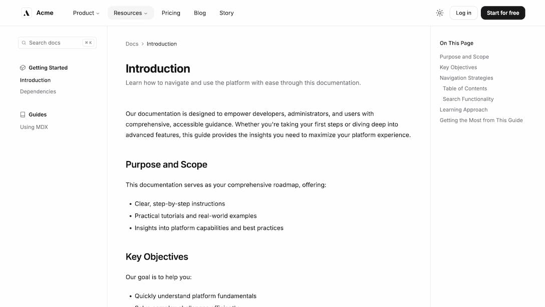 Achromatic documentation page with sidebar navigation, table of contents, and MDX content in light theme