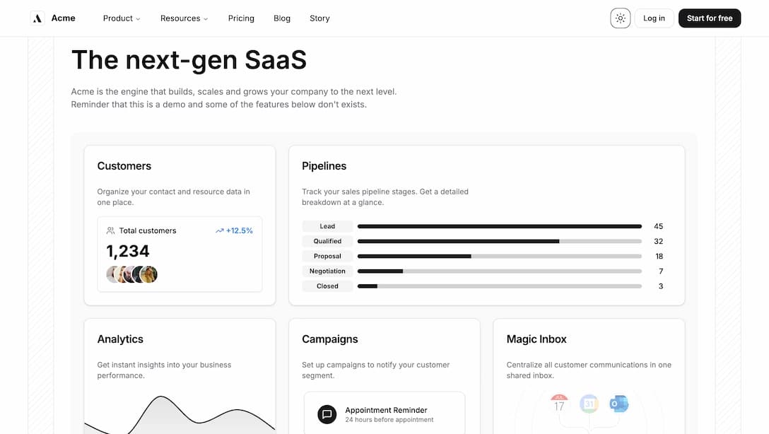 Achromatic landing page bento grid layout showcasing feature cards with icons and descriptions in light theme