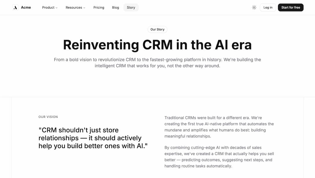 Achromatic company story page with team narrative and brand values section in light theme