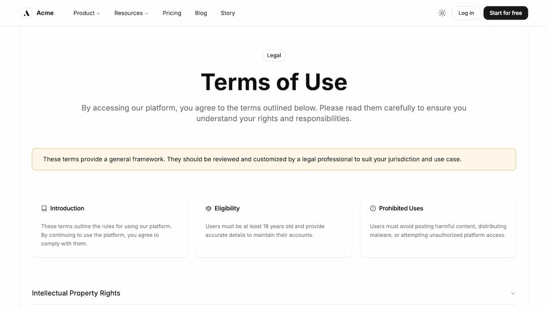 Achromatic terms of service legal page with structured content and typography in light theme