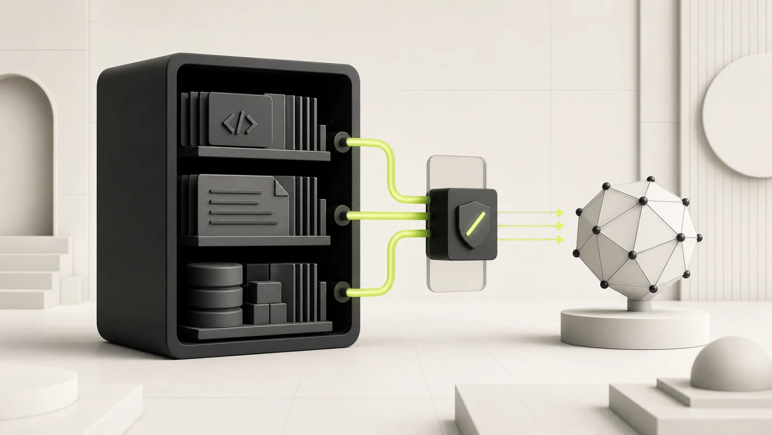 A guarded protocol gateway connecting an application repository to an abstract AI node
