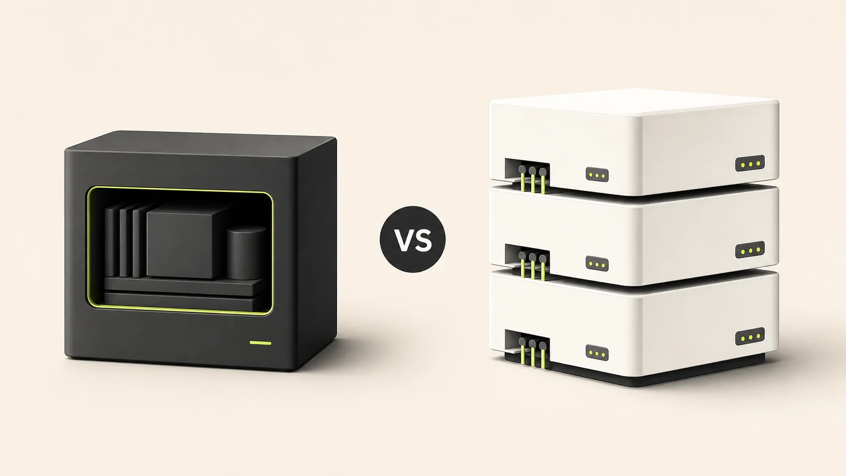 Two modular SaaS systems compared around a shared decision point