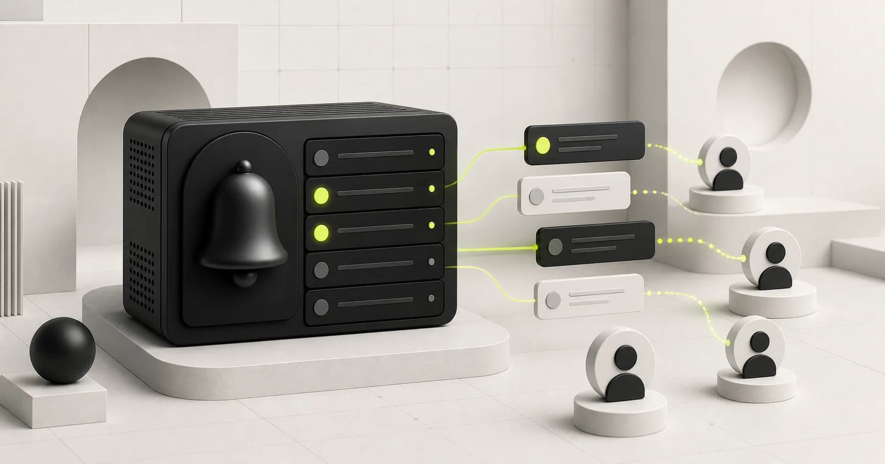 A monochrome notification hub distributing unread messages to several user nodes