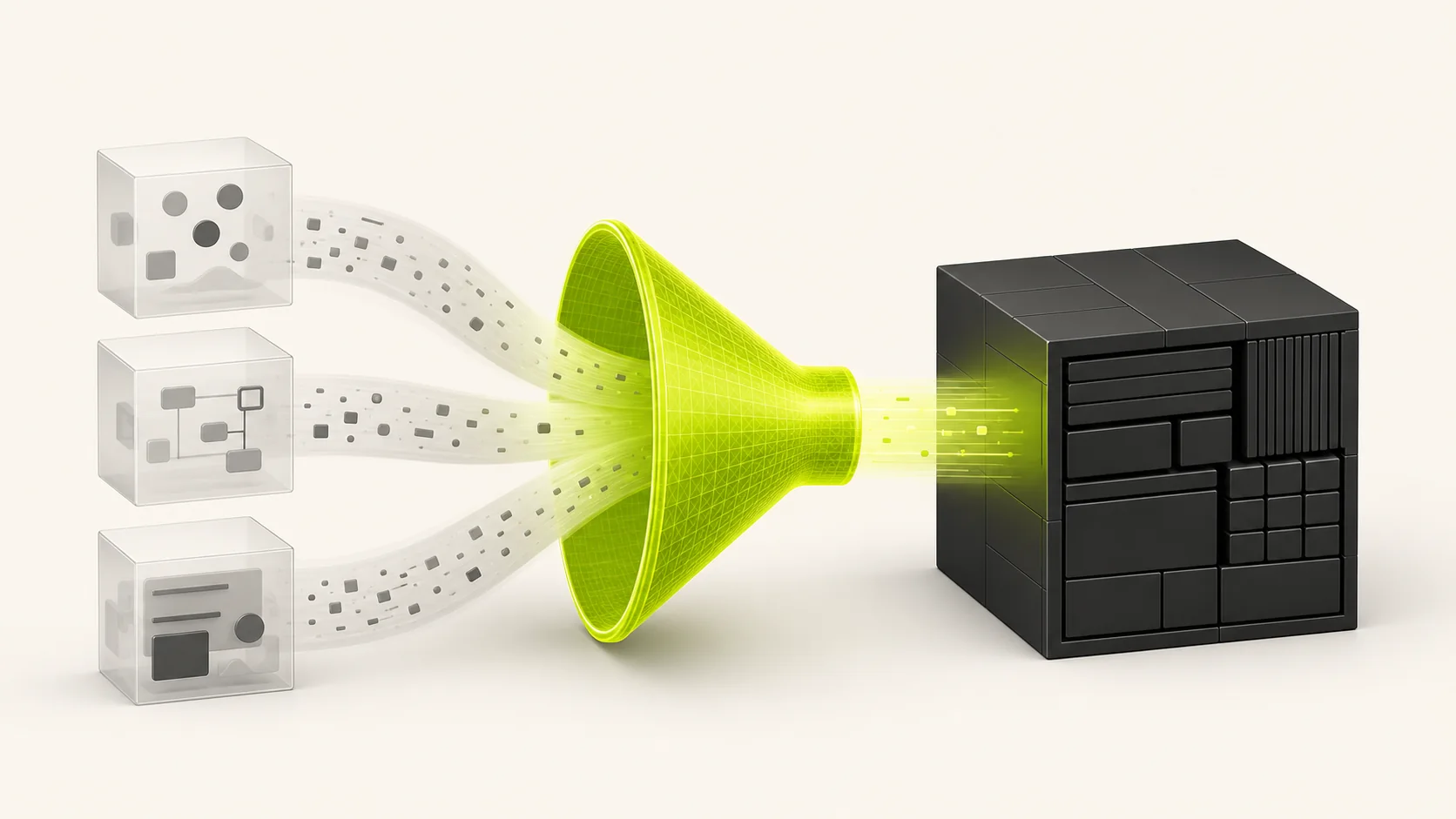 Prototype blocks flowing through a migration funnel into a structured application