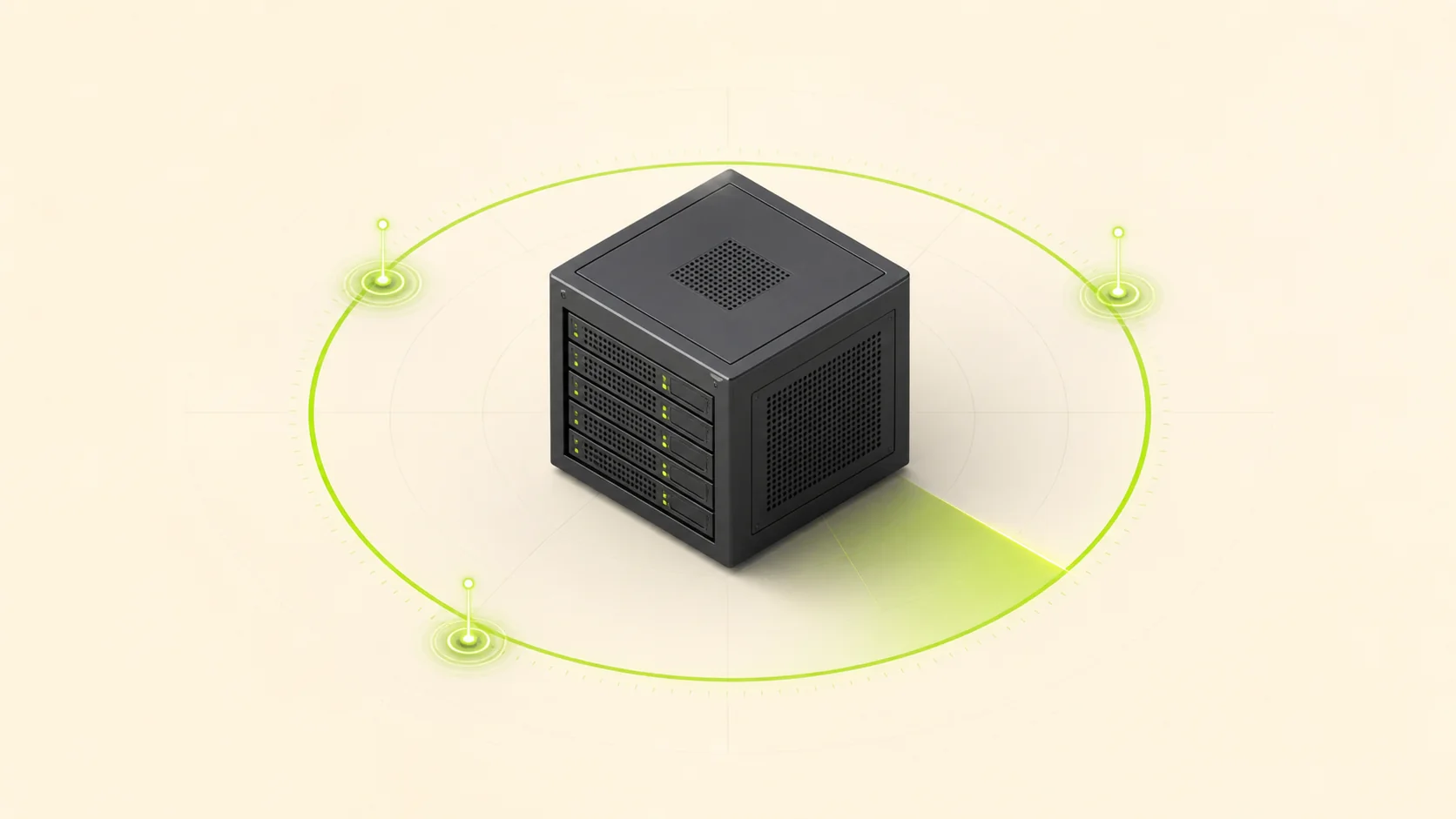 A server cube surrounded by monitoring rings and status signals