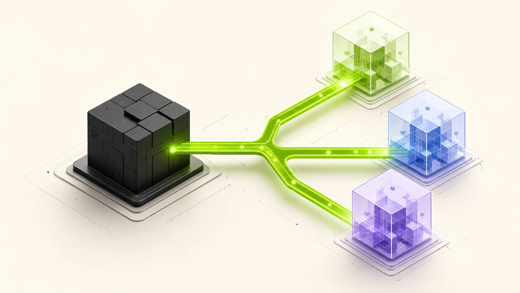 One application core branching to three organization workspaces