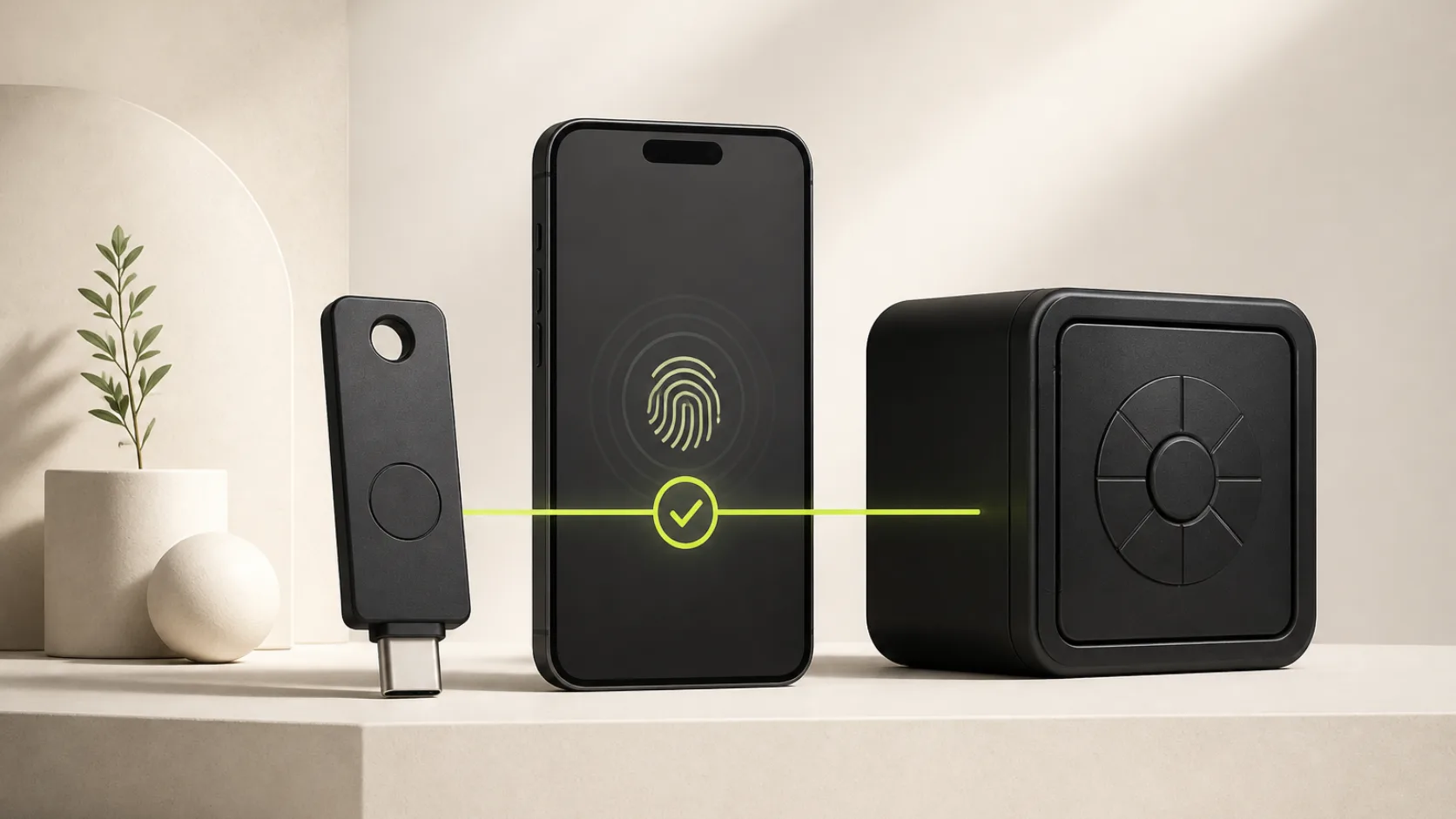 A graphite security key and smartphone biometric prompt connected to a protected account vault