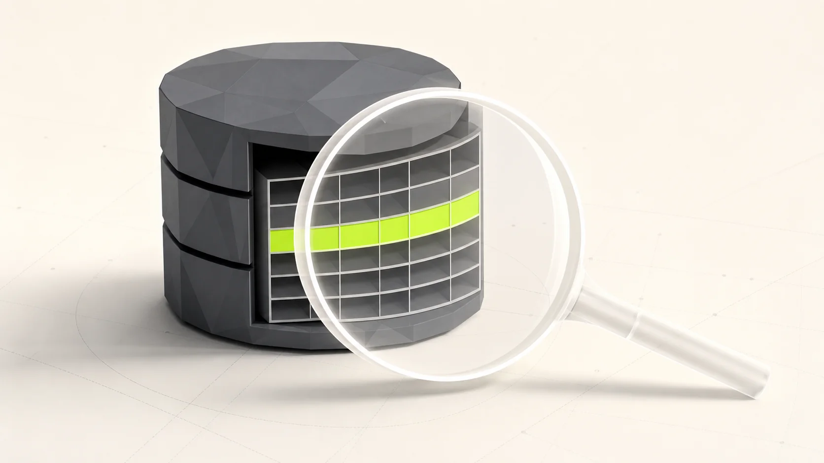 A database inspected through a lens with one selected row
