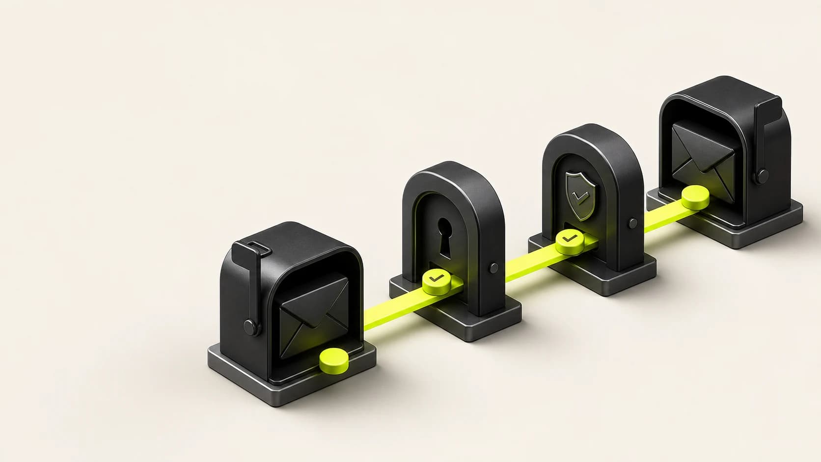 Two email inboxes connected through a lock and verification checkpoint