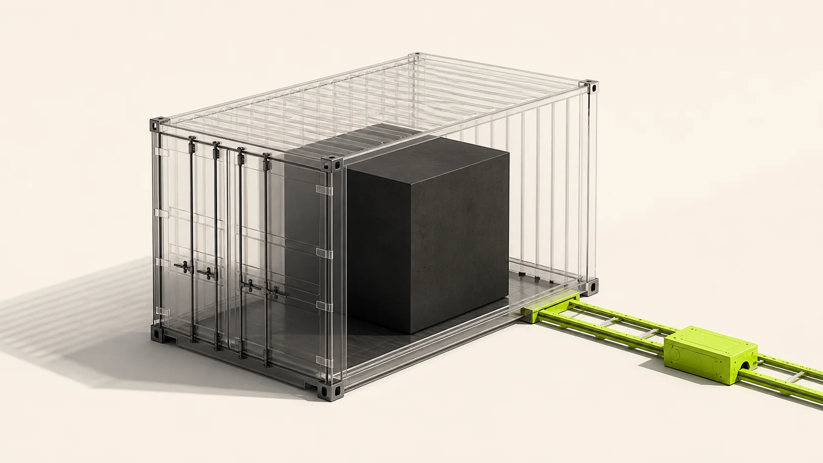An application cube secured inside a transparent deployment container