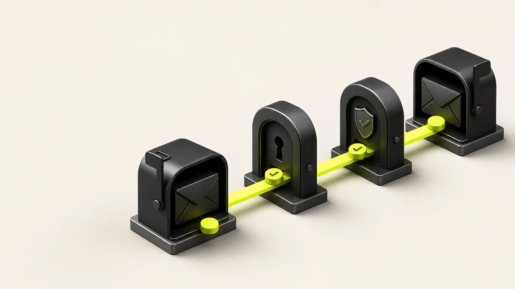 Two email inboxes connected through a lock and verification checkpoint