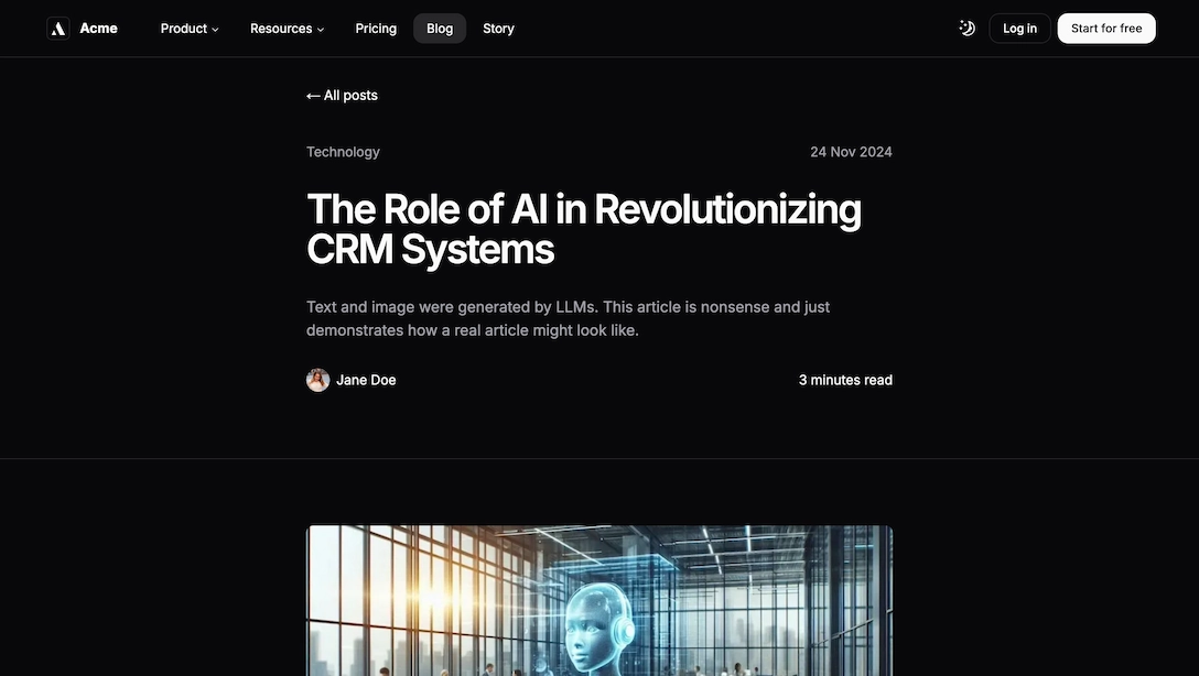 Achromatic blog post detail page with article content, code blocks, and typography in dark theme