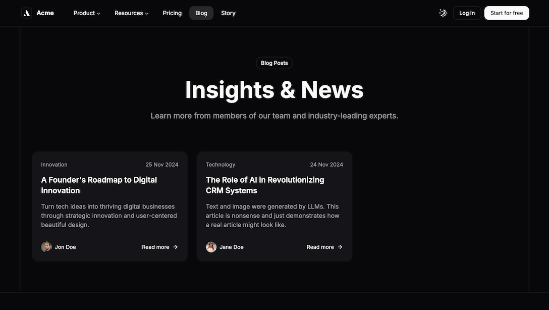 Achromatic blog index page displaying article cards with titles, dates, and featured images in dark theme