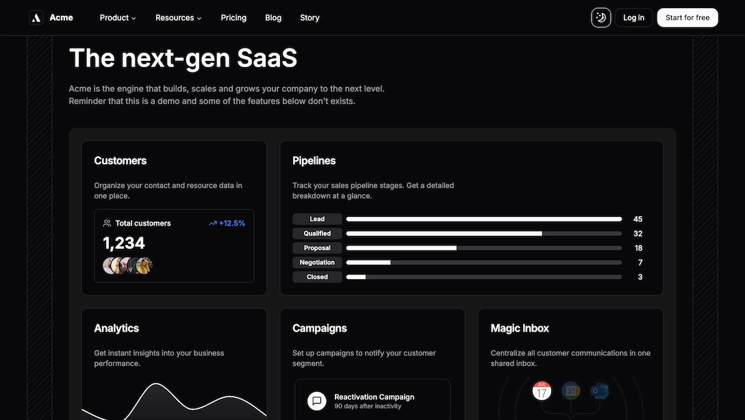 Achromatic landing page bento grid layout showcasing feature cards with icons and descriptions in dark theme
