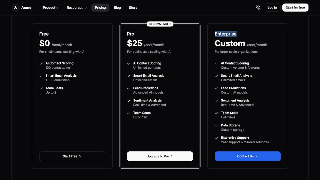 Achromatic pricing page with feature comparison table and call-to-action buttons in dark theme