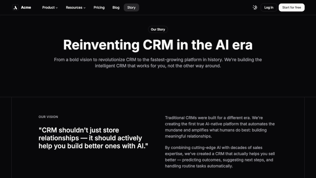Achromatic company story page with team narrative and brand values section in dark theme