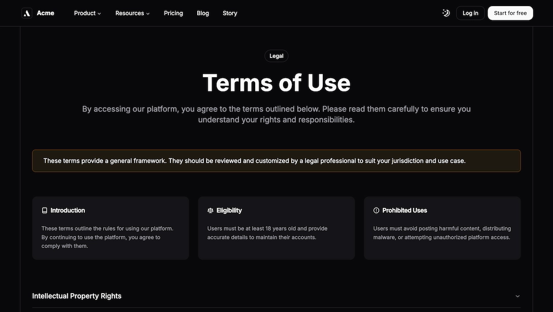Achromatic terms of service legal page with structured content and typography in dark theme