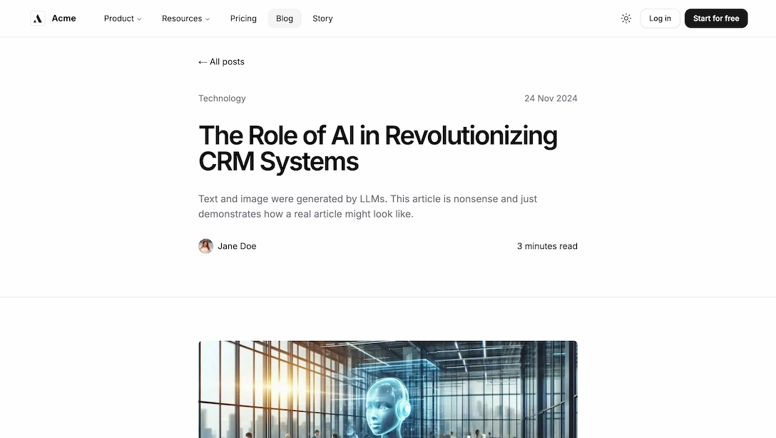 Achromatic blog post detail page with article content, code blocks, and typography in light theme