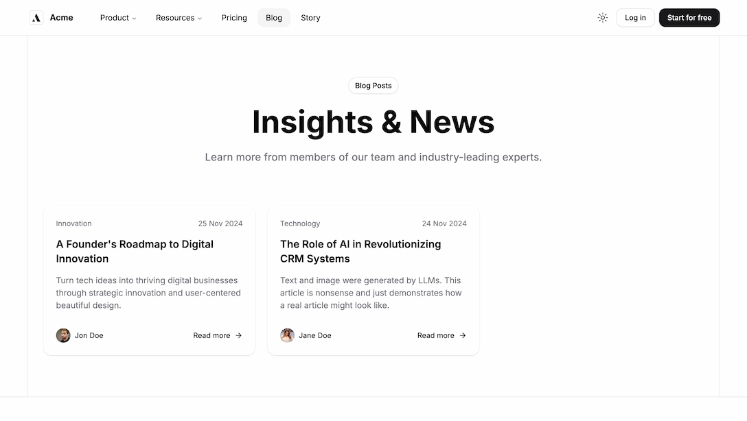 Achromatic blog index page displaying article cards with titles, dates, and featured images in light theme