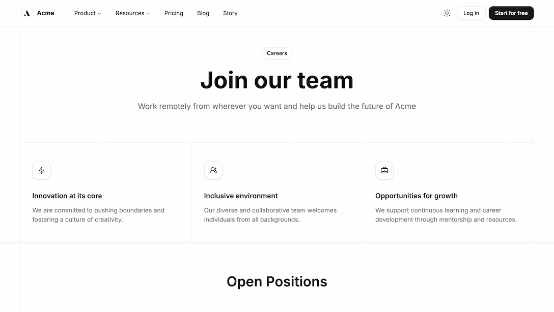 Achromatic careers page displaying company values and open job positions in light theme