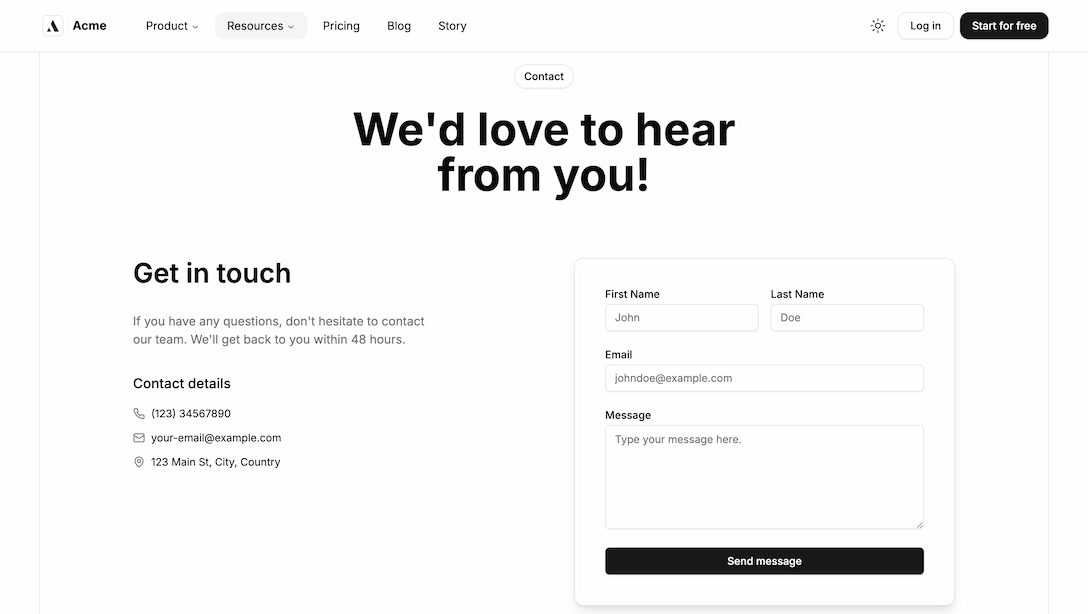Achromatic contact page with form fields for name, email, and message in light theme