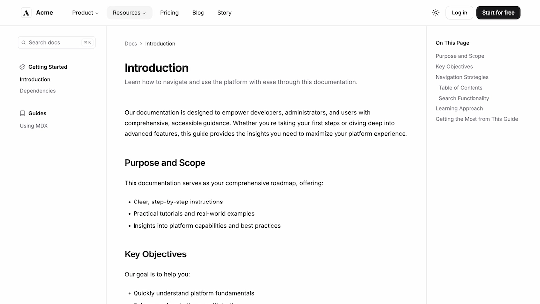 Achromatic documentation page with sidebar navigation, table of contents, and MDX content in light theme