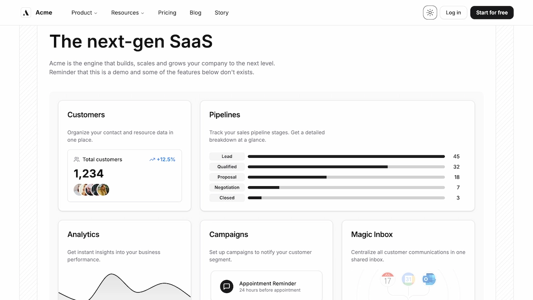 Achromatic landing page bento grid layout showcasing feature cards with icons and descriptions in light theme