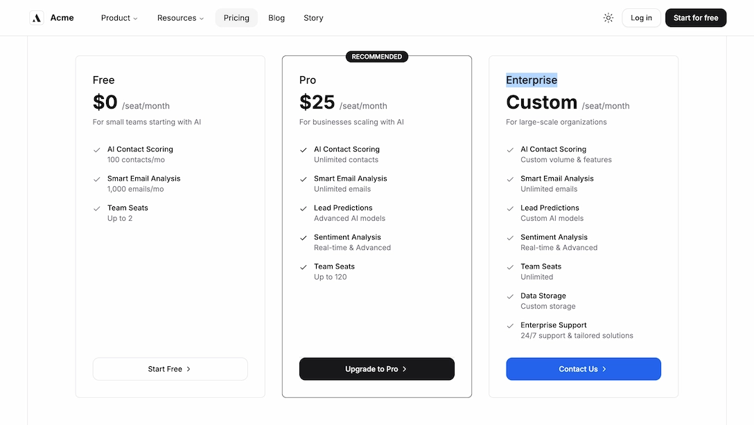 Achromatic pricing page with feature comparison table and call-to-action buttons in light theme