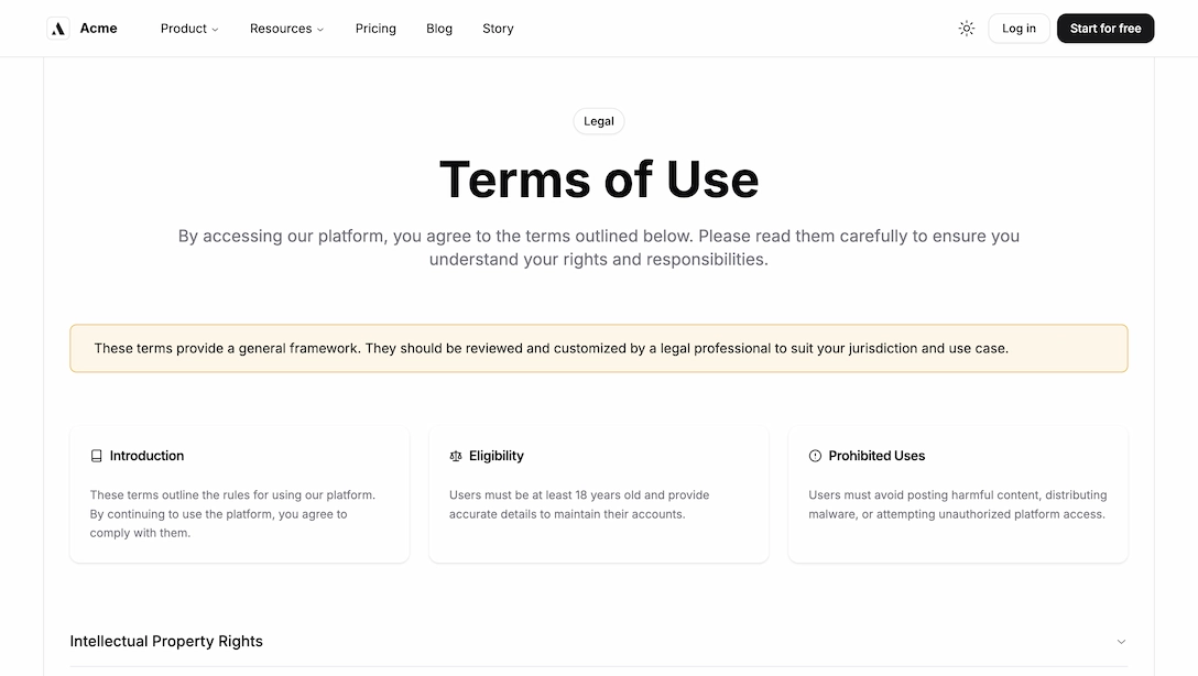 Achromatic terms of service legal page with structured content and typography in light theme