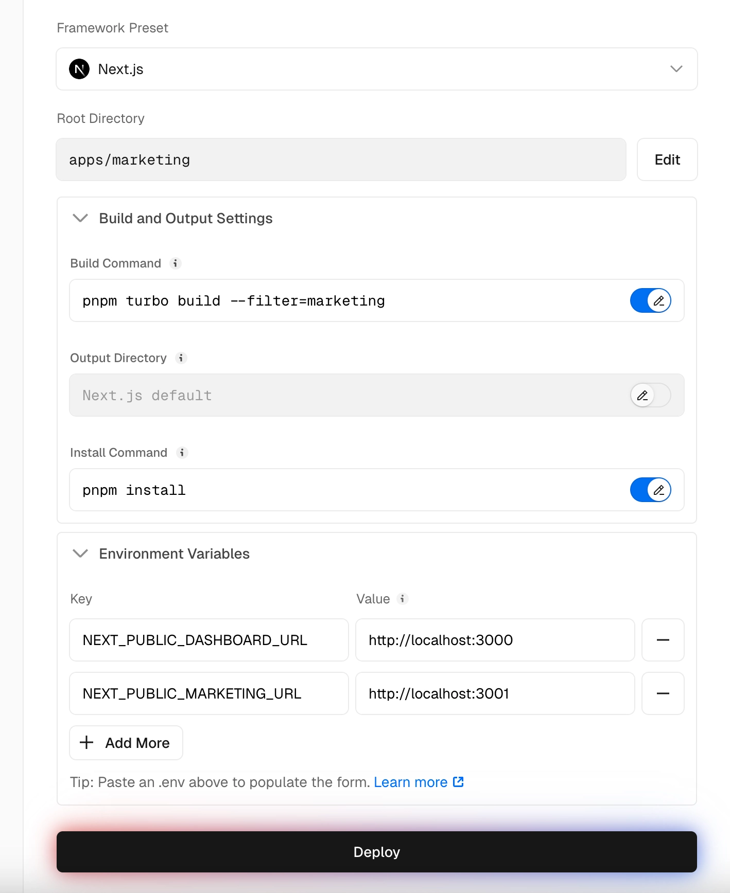 Vercel marketing app configuration