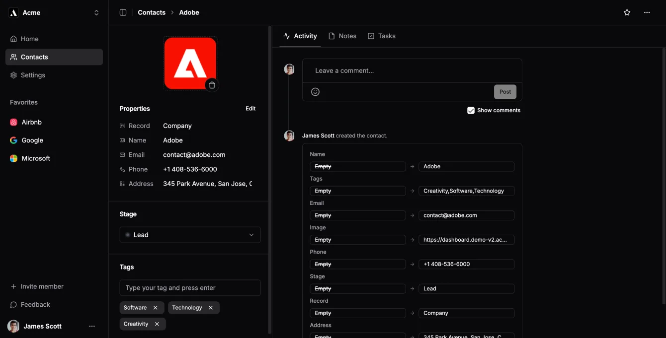 Screenshot of Achromatic contact details page with activity timeline
