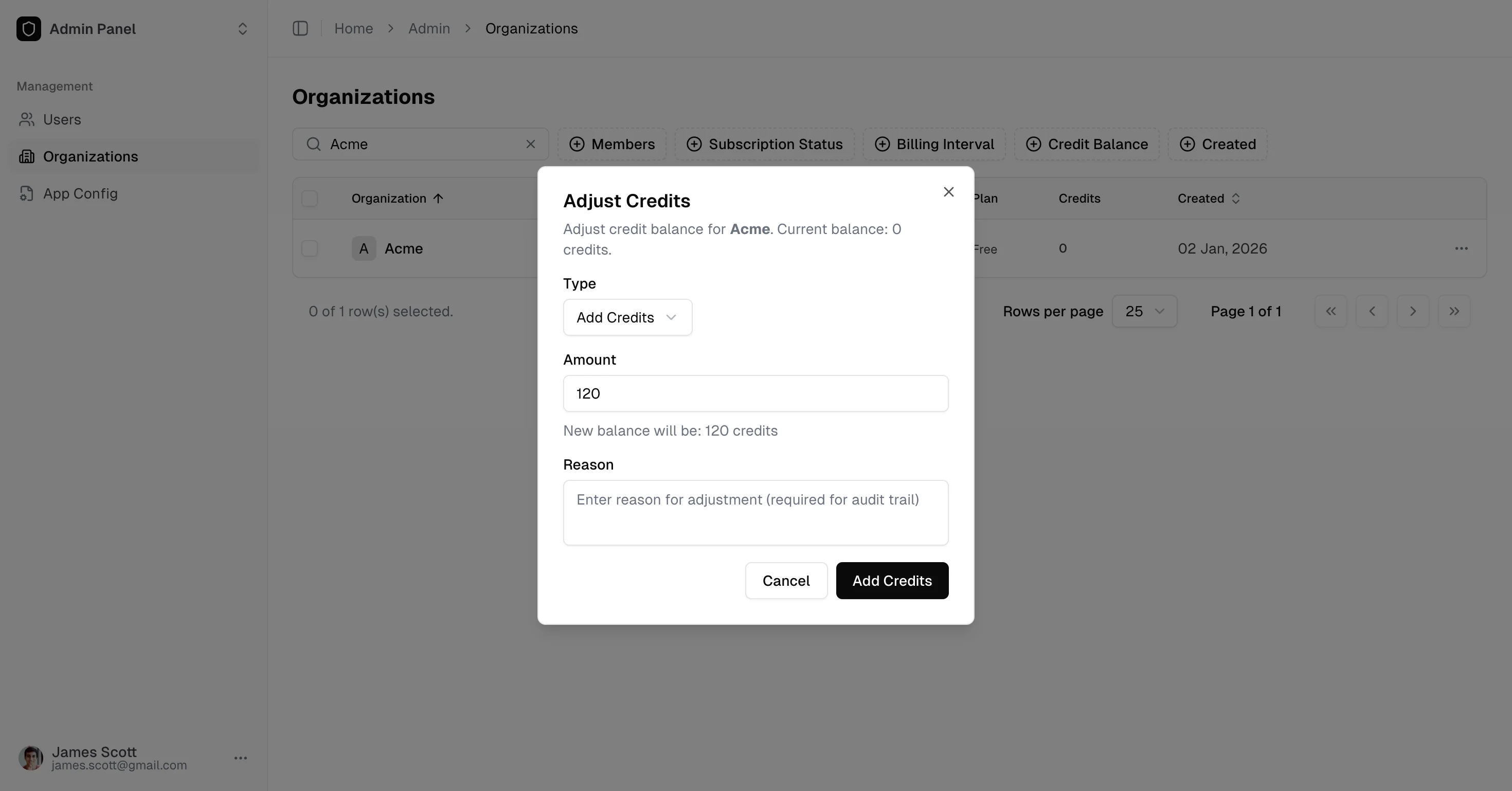 Admin Adjust Credits